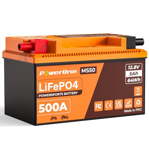 PowerUrus MS50 LiFePO4 バイクバッテリー 12V 5Ah 500A始動電流 超軽量0.9kg リン酸鉄リチウムバッテリー 高出力 始動用 鉛蓄電池互換 YTX7A-BS/YTX9-BS/YT12A-BS/YTX14-BS 対応 IP6
