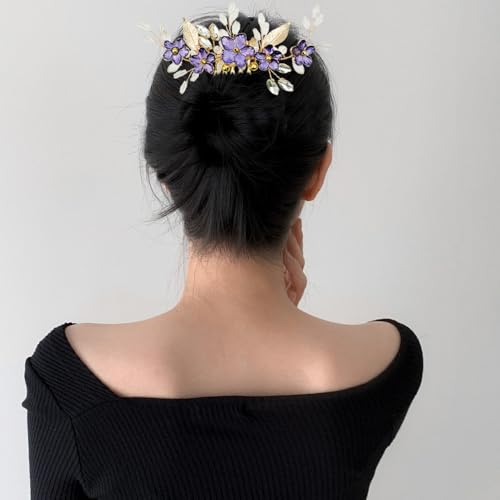 Peine para cabello de novia con flores moradas y cristales miniatura 4
