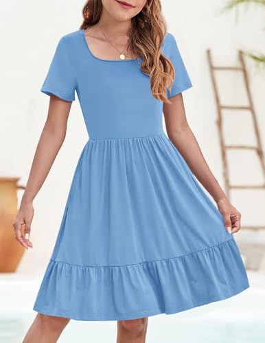 YOVION Girls Summer Dress Square Neck Short Sleeve Casual Loose Ruffle Tiered Dresses with Pockets for 6-12 Y2