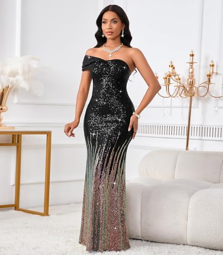 Image of Cololura Women Sexy Sequin One Shoulder Mermaid Formal Party Cocktail Gowns Bodycon Evening Maxi Dress