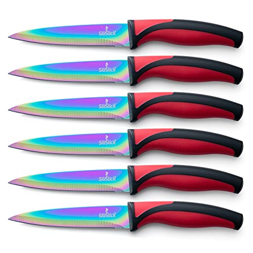 SiliSlick Ensemble de Couteaux à Steak - Couteaux en acier inoxydable avec revêtement en titane irisé/arc-en-ciel - 5 Pouces / 12,7 cm - (6 Poignée Rouge)