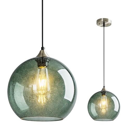 Image of Gray Green Glass Pendant Lights Kitchen Island Lighting Globe Pendant Light Fixtures Modern Pendant Lighting for Kitchen Island Bedroom Living Dining Room Light Fixture(9.84in, 1-Pack)