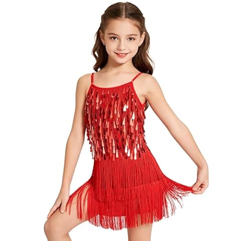 LOLANTA Dziewczęcy kostium do tańca z cekinami i frędzlami, dla dzieci, salsa, rumba, zestaw ubrań do tańca latynoskiego, błyszcząca, bez rękawów, z frędzlami, mini sukienka z szortami, Czerwony, 4-5