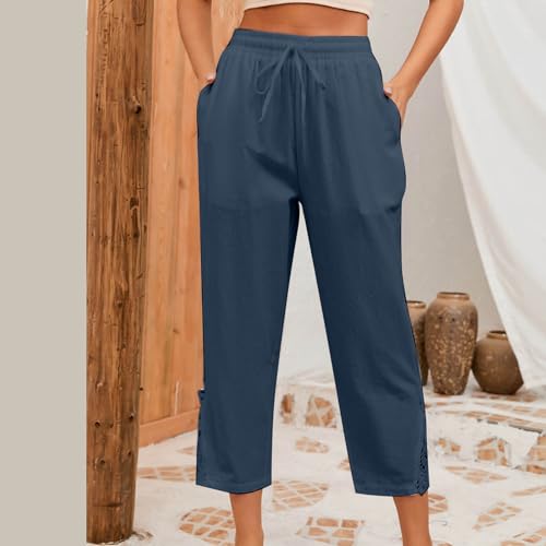 Womens Boho Cotton Linen Capri Pants Lace Stitching Cropped Pants High Rise Vintage Crop Trousers Casual Jogging Pants3
