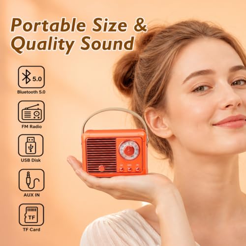 Image of Dosmix Retro Bluetooth Speaker, Small Vintage Decor Gifts Pumpkin Orange | Portable mini wireless old fashion style for kitchen desk bedroom office outdoor accessories gifts for women teen girls