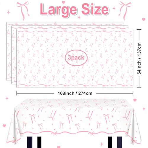 Image of Avezano 3 pcs Pink Bow Tablecloths 108x54 inch Bow Birthday Decorations Pink Coquette Bow Plastic Table Cover Disposable Bachelorette Party Supplies
