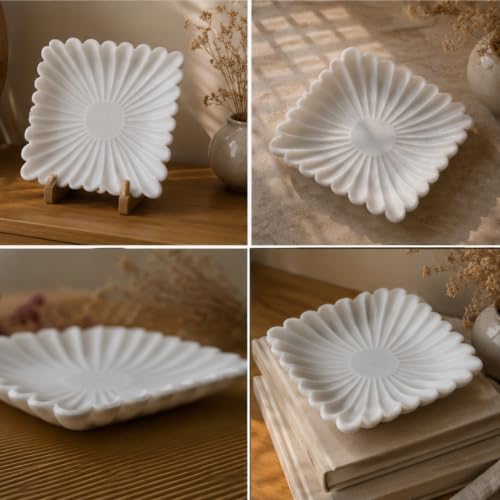 Image of Marble Urli Bowl for Decoration | Big Potpourri Decorative Bowls in Home decor | Large White Floating Flower Plates of Stone | Small Shape puja Item | (12 inch, Scalloped)