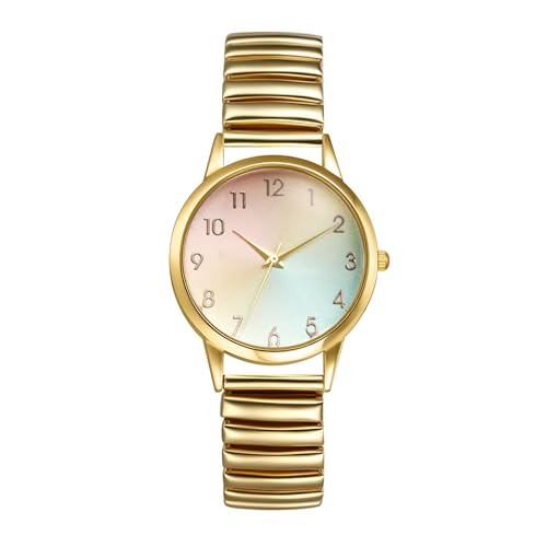 Image of Oidea Women's Rainbow Elastic Strap Watches: Large Face Clear Arabic Numerals Analog Quartz Easy Reader Watches for Women Stainless Steel Stretch Band Casual Ladies Watch Gold