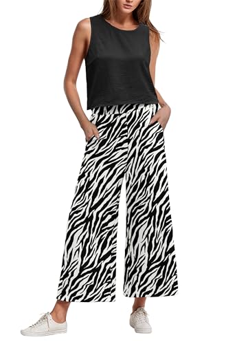 IWOLLENCE Women's Summer 2 Piece Outfits Set Round neck Sleeveless Tank Crop Top Wide Leg pants Set Pockets Jumpsuits
