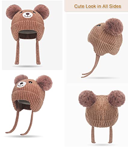 Cute Kids Winter Hat with Ear Flap 1-5 Years Dual Pom Knit Warm Hat for Baby Girls Boys Fleece Warm Earflap Beanie Hat2