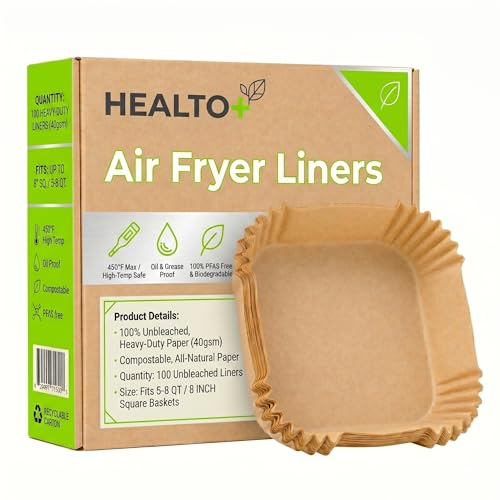 Image of Healto+ 100 Air Fryer Paper Sheets, 8 Inch, SSA Approved - Non-Toxic & Uncoated, Fits 5-8QT, Brown
