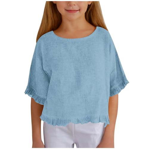 Girls Round Neck Ruffled Hem Sleeve Shirt Cotton Linen Top Short Sleeve Blouses Breathable Tops for Kids 5-15 Years