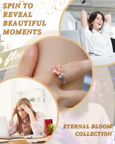 Fidget Spinner Rings for Anxiety for Women - 925 Sterling Silver Sunflower/Rose/Daisy Promise Bands Relieving Stress Jewelry Anti Anxiety Gifts for Couples Women3