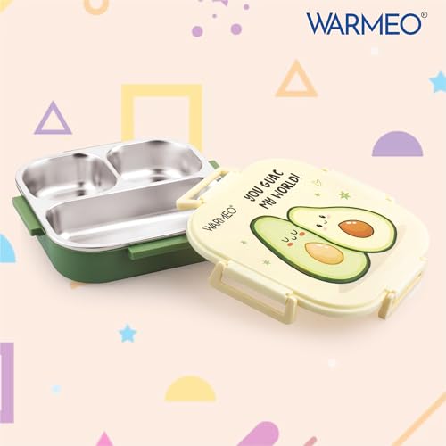 Image of WARMEO Jerry Insulated Lunch Box with Three Compartment BPA Free, Kids Lunch Box,Food Grade Ideal for School, Picnic, Office & Outdoor - 500ml Avocado, Stainless Steel