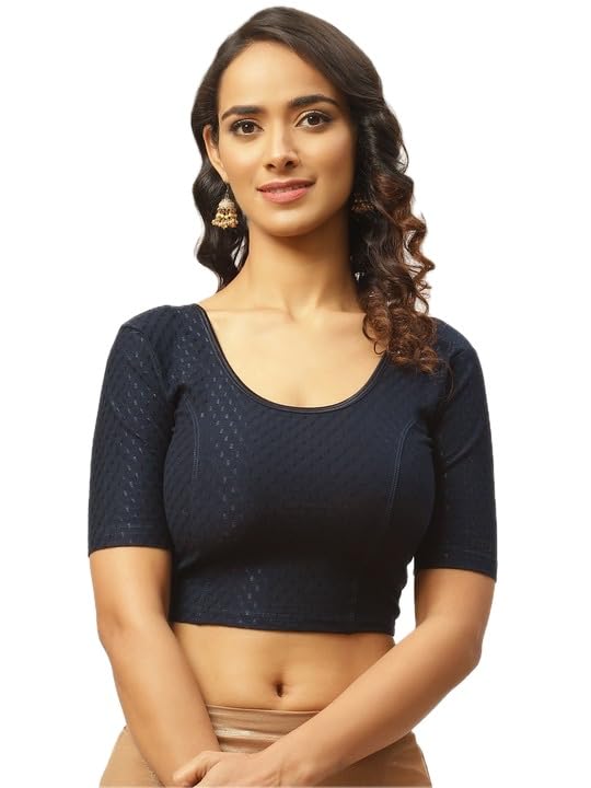 Image of Fressia Fabrics Pure Cotton 4-Way Stretch Readymade Blouse for Women | Free Size to 4XL Stretchable Round Neck Dobby Cotton Half Sleeve Readymade Saree Blouse for Women Stylish