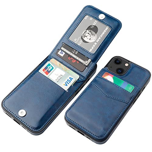 Image of KIHUWEY Compatible with iPhone 13 Case Wallet with Credit Card Holder, Premium Leather Magnetic Clasp Kickstand Heavy Duty Protective Cover for iPhone 13 6.1 inch(Blue)