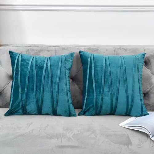 Image of Amazon Brand - Umi Decorative Striped Throw Pillow Covers 18 X 18 Inch,Soft Solid Velvet Pillow Covers Cushion Case with Zigzag Pattern for Sofa Bedroom 45 X 45 Cm (Pack of 2) Dark Teal