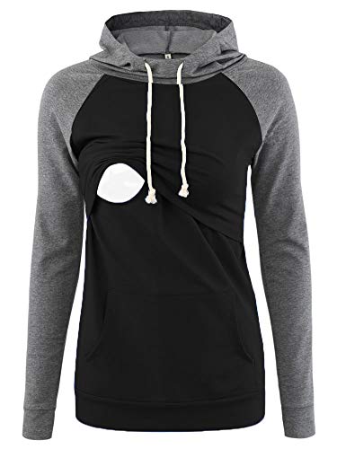 Image of Liu & Qu Womens Nursing Hoodie Long Sleeves Sweatshirt Breastfeeding Layered Top Pocket Casual Clothes