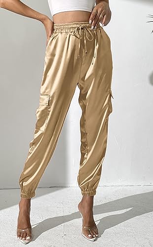 Pantalon de jogging cargo satin femme casual fluide et élastique