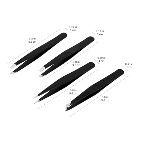 Image of Amazon Basics Tweezers for Facial Hair, Eyebrows, Eyelashes - Set of 4, Professional Stainless Steel with Travel Case, Black