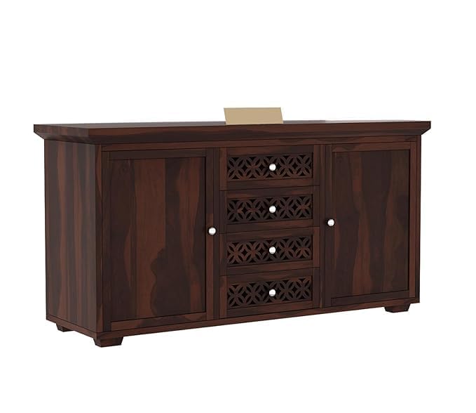 Image of SHIKHA WOOD CRAFT Solid Sheesham Wood Sideboard Cabinet Drawers and Door Storage | Multipurpose Wooden Chest of Drawers Furniture for Bedroom, Living Room, Home, and Office (Walnut Finish -4 Drawer)