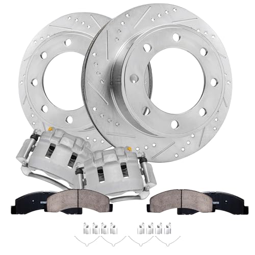 Image of Detroit Axle - 4WD Front Brake Kit for 99-04 Ford F-250 F-350 Super Duty | 00-05 Excursion Drilled & Slotted Disc Brake Rotors Brake Calipers Replacement Ceramic Brake Pads