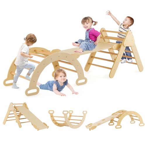 DREAMADE Triangle Escalade Bebe Montessori pour 1+ Ans, Échelle d’Escalade en Bois avec Triangle/Arche/Rampe, Convient pour Enfant à Maternelle, Maison (Naturel)