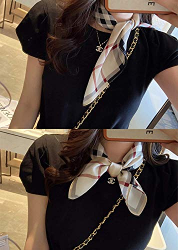 Jerla Women's Men's Small Square 100% Real Mulberry Silk Satin Scarfs Hair Head Face Scarf 21" X 21" (Classic Khaki Check) #TOP5