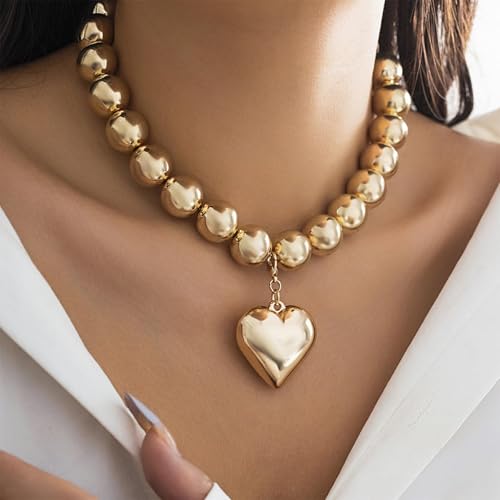 YANCHUN Chunky Heart Necklace Chunky Gold Pendant Necklaces for Women Trendy Large Beads Statement Heart Charm Necklace Jewelry Gifts3
