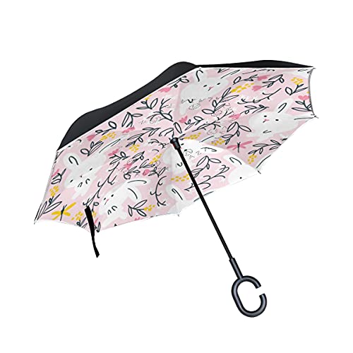 Parapluie inversé pour enfant rose à motif lapins et fleurs anti-UV