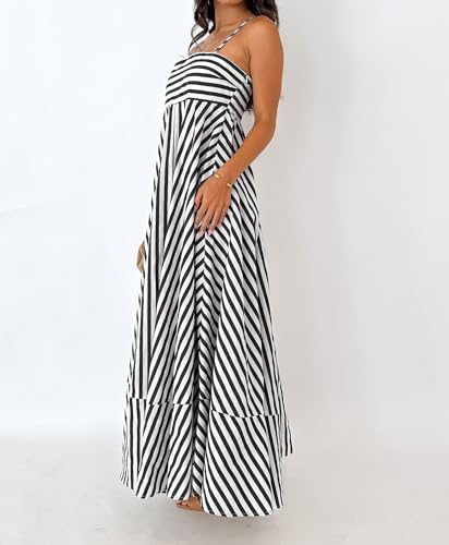 Image of Women Striped Maxi Dress Smocked Backless Spaghetti Strap Long Flowy Dress Sleeveless Boho Aline Sundress
