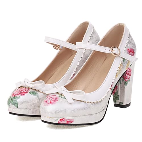 Image of FOREADA Lolita Bow Platform High Heel Women Rockabilly Mary Jane Dress Pump | Boasts soft kawaii retro vintage lolita tea party aesthetic, with block heel ,bow, round toe versatile style for dress wear
