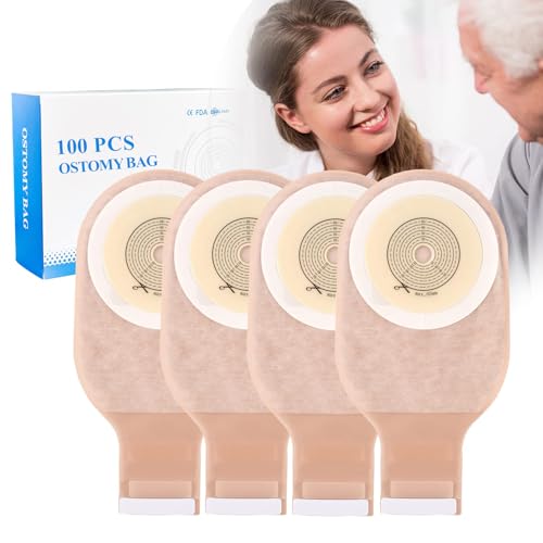 100 PCS Colostomy Bags, Ostomy Supplies, One - Piece Drainable Pouch, Colostomy Supplies, Ostomy Bags for Ileostomy Stoma Care, Hook & Loop Closure, 15-60mm Cut to Fit