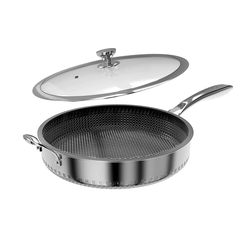 Image of CATHYLIN 316L Stainless Steel 7QT Frying Pan Hex Nonstick Wok with Lid,Single Handle to Hold, PFOA Free, Dishwasher Oven Safe (7QT/Single Handle)
