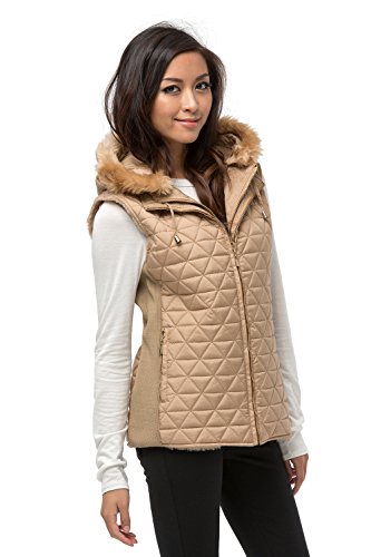 Women's Quilted Padding Faux Fur Lining Detachable Hood Vest (JZV065F)2