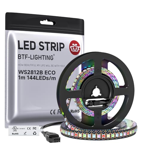BTF-LIGHTING WS2812B ECO RGB LED Strip UL Listed Individually Addressable 3.28FT 144LED/m 144Pixel DC5V 5050SMD Alloy Wire Flexible 3M Tape for DIY Chasing Color Project IP30(No Adapter or Controller)