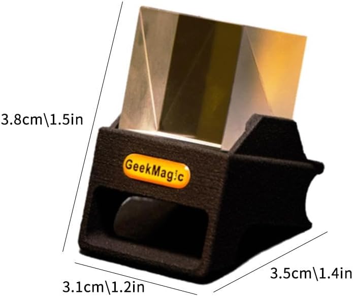 Diagram showing the dimensions of the GeekMagic Mini 3D Hologram Cube Display: 3.8cm (1.5in) height, 3.1cm (1.2in) width, 3.5cm (1.4in) depth.
