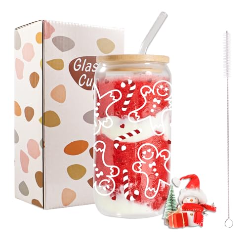 Bliceon Christmas Cups, 16oz Christmas Iced Coffee Mugs, Glass Cups with Lids and Straws, Xmas Gingerbread Glass Cup for Festival Gifts, Smoothies, Beer, Parties, Xmas Decorations