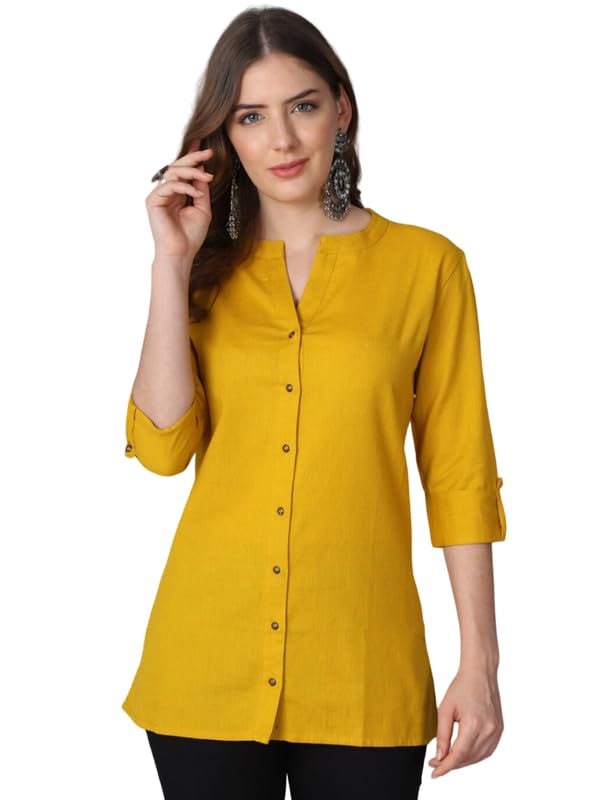 ANANYA FASHION & CRAFTS HUBWomen Cotton Mandarin Collar Straight Hem Solid Kurti 3/4 Roll Up Sleeves Short Length Kurta