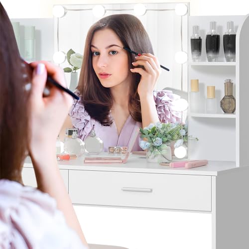 usikey Makeup Vanity with Mirror and 10 LED Lights, Vanity Makeup Table Set with 2 Drawers and Open Shelves, Makeup Vanity Desk Dressing Table with Cushioned Stool, White