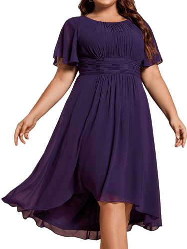 Ever-Pretty Plus Women's Round Neck Ruffles Sleeves Pleated Waist Chiffon Knee Length Plus Size Cocktail Dresses