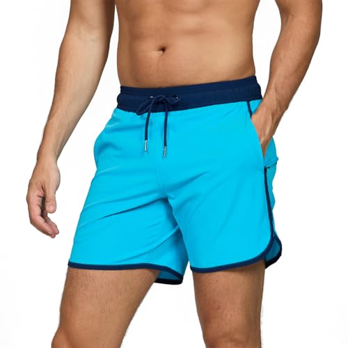 EDOTON Bañador para Hombre Bañador Pantalones Cortos de Playa de Secado Rápido Ajustables con Bolsillos Bañador con Estampado Unicolor Shorts de Baño para Natación (Azul Cielo,EU L)
