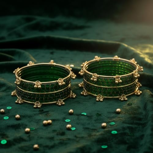 Image of Kashmiri Ghangharoo Glass Bangle Set for Women| Light Weight Bangles | Traditional Transparent Fancy Glass Chudi Set for Wedding, Party|Set Of 16(12 Glass + 4 ghungroo bangles)