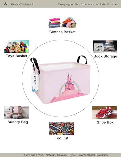 Image of Rectangular Pink Princess Laundry Storage Bin for Adults and Kids | Damp resistant canvas fabric, sturdy stitched carry handles, foldable design organizes closet and playroom daily supplies