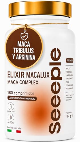 ELIXIR MACALUX - Complemento alimenticio con Maca Complex, Tribulus, L-arginina, fenogreco, zinc, vitaminas B6 y B12, sin gluten ni lactosa - 180 cápsulas - Fabricado en Italia