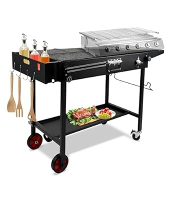 Portable Outdoor Grill Table, Double Layers Folding Griddle Table with Caddy, Movable Kitchen Cooking Prep BBQ Cart with Wheels, for Blackstone 17"/22" Tabletop Grill etc.