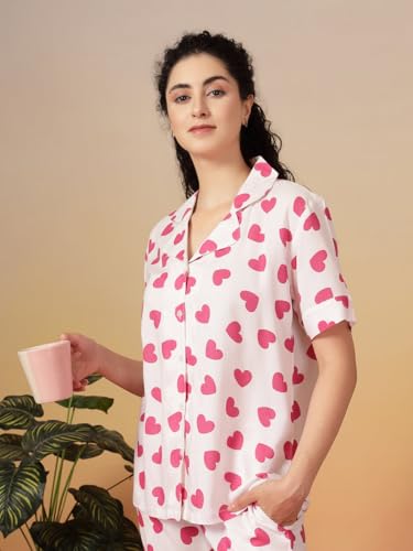 Image of Night Suit for Women's| Heart Printed Cotton Night Dress| Half Sleeves Shirt and Pajama Set(White& Red-Xs)