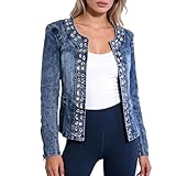 Chaqueta vaquera con adornos de diamantes de imitación para mujer, abrigo vaquero ajustado, corto, manga larga, con abertura frontal, informal, para primavera, azul, talla 3XL