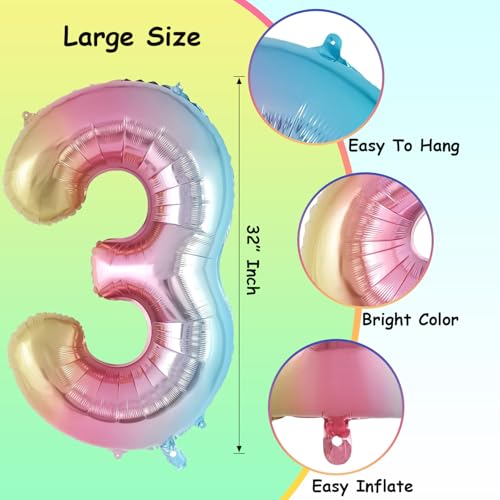 Image of Rozi Decoration Big Size 32 Inch Large Rainbow Theme 3 Number Foil Balloons Decorations Set of - 1 Pcs | Gradient 3 Number Balloon For Birthday Big Size