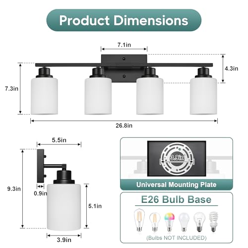 Image of Ascher Bathroom Light Fixtures, 4-Light Vanity Light Over Mirror, Matte Black Wall Sconces with Milky White Frosted Glass Shades, Wall Lamp for Living Room Bedroom, E26 Base(Bulbs Not Included)